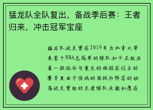 猛龙队全队复出，备战季后赛：王者归来，冲击冠军宝座