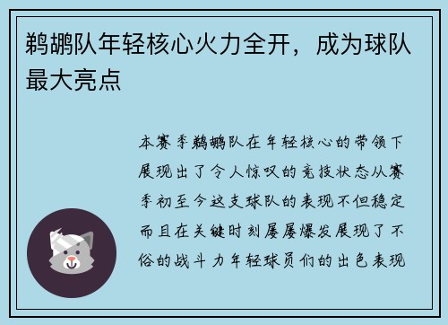 鹈鹕队年轻核心火力全开,成为球队最大亮点 鹈鹕队年轻核心火力全开,成为球队最大亮点